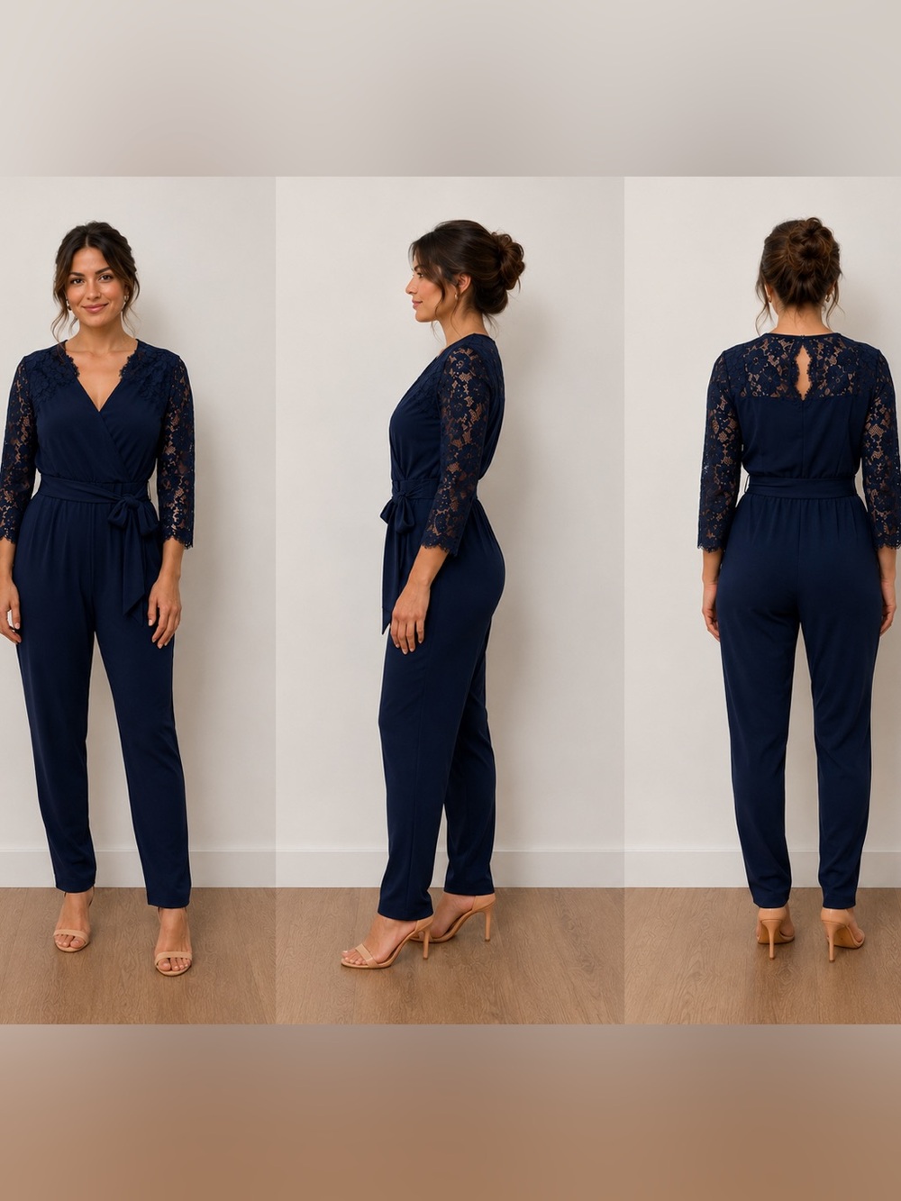Dex Navy Lace-Sleeve Tie-Waist Jumpsuit